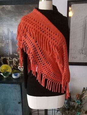 Hand-Knit Fringe Triangle Shawl in Bright Orange